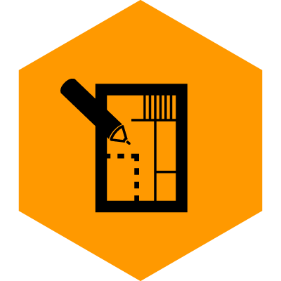 Hexagonal icon with an orange background, depicting a pen drawing a floor plan.