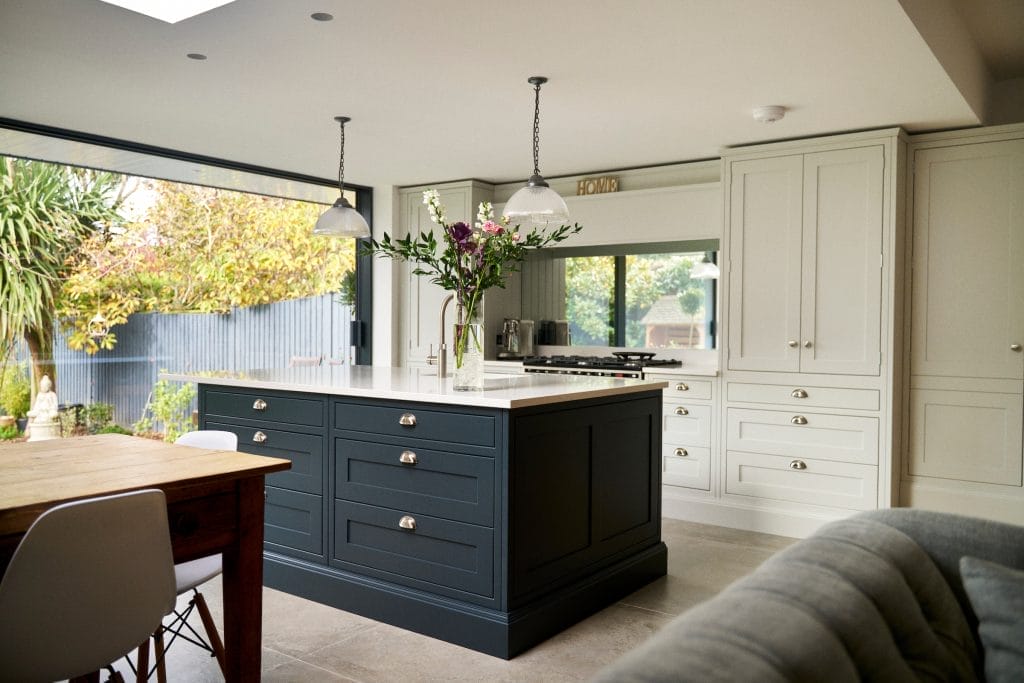 Traditional blue shaker style kitchen with grey cupboards