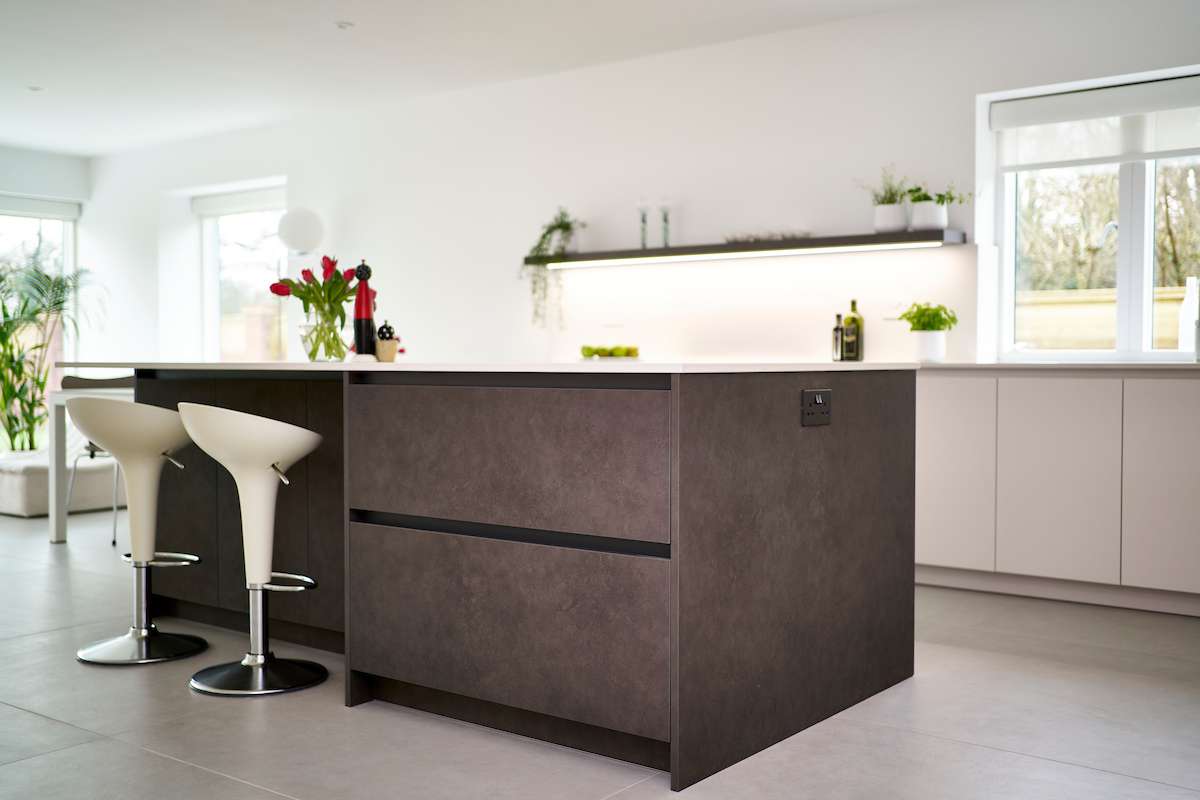 designer minimalist kitchen with floating open shelving, led lighting, and marble-effect quartz details